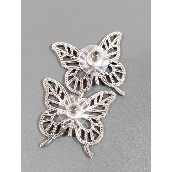 Silver Tone Open metal Work Butterfly Pierced Earrings Boho Western Retro - Picture 6 of 9